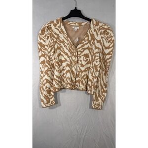 Nine West Puff Sleeve Button Up Cardigan Sweater Animal Print Beige True Medium
